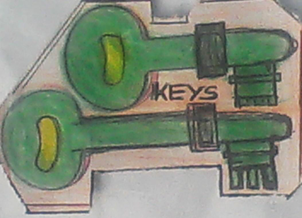 Kid's drawing of two green keys that are arranged in parallel. Between the two keys is thw word 'keys' written in capitals.